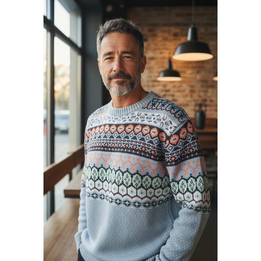 C&A  Men's Oversized Fair Isle‎ Knit Sweater Gray Long Sleeve Size M